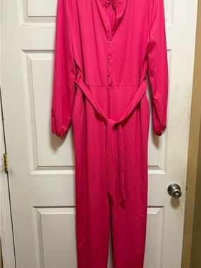 Bright Pink Long Sleeve Jumpsuit with Waist Tie